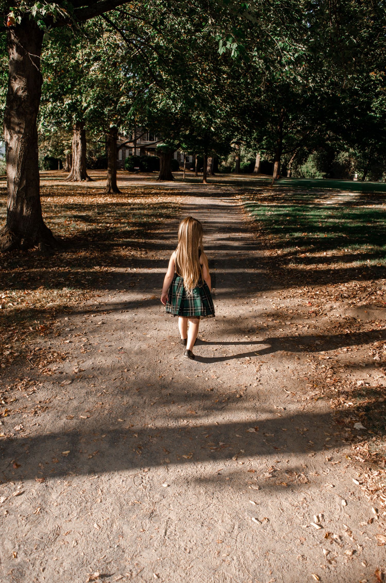 A young girl in a plaid dress walks along a sunlit park path surrounded by tall trees and fallen leaves.