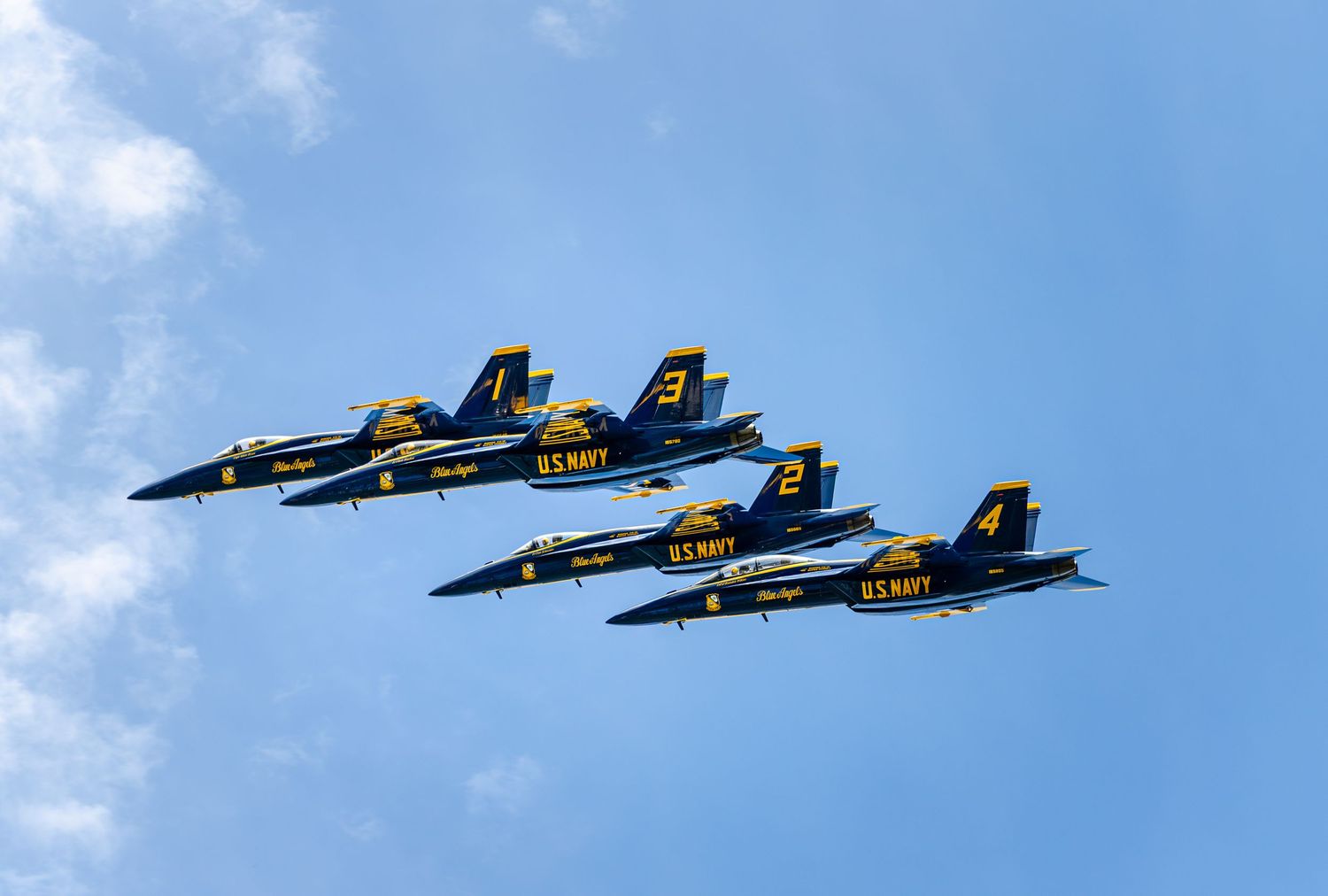 Blue Angels U.S. Navy flight demonstration squadron jets flying in tight diamond formation against a blue sky.