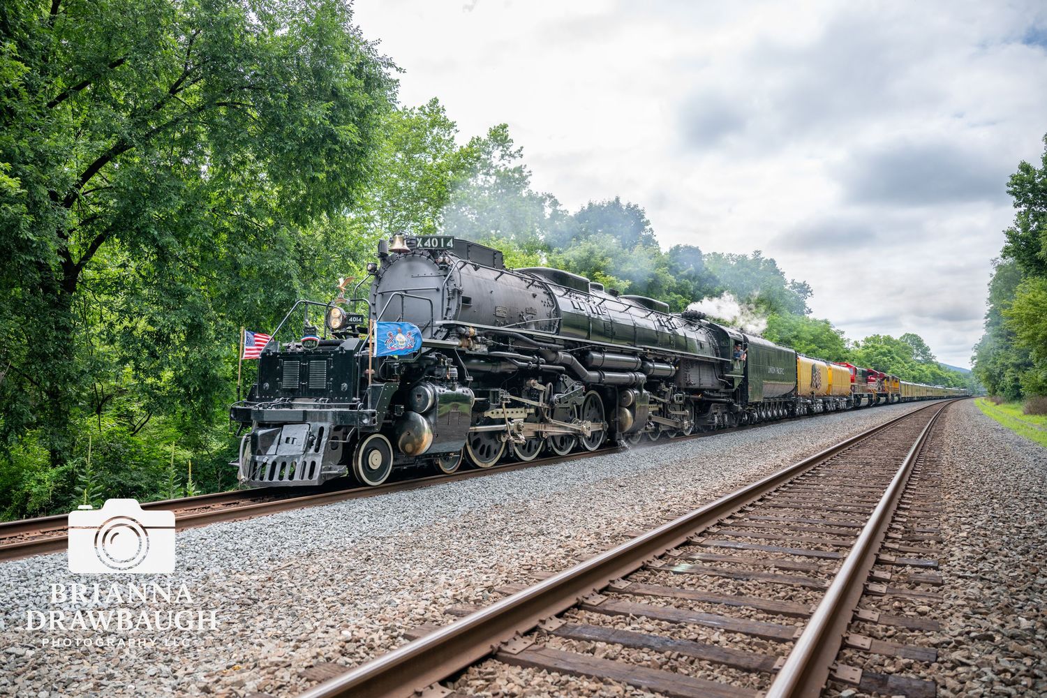 Historic black steam locomotive pulling colorful freight cars along tree-lined railroad tracks on a cloudy day.