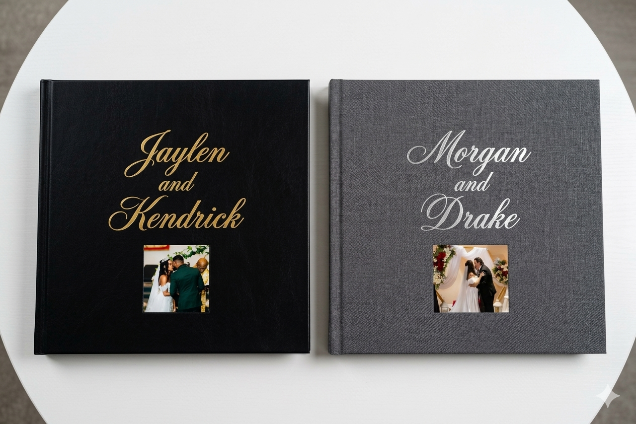 Two custom wedding photo albums with embossed names, one black for Jaylen and Kendrick, one gray for Morgan and Drake.