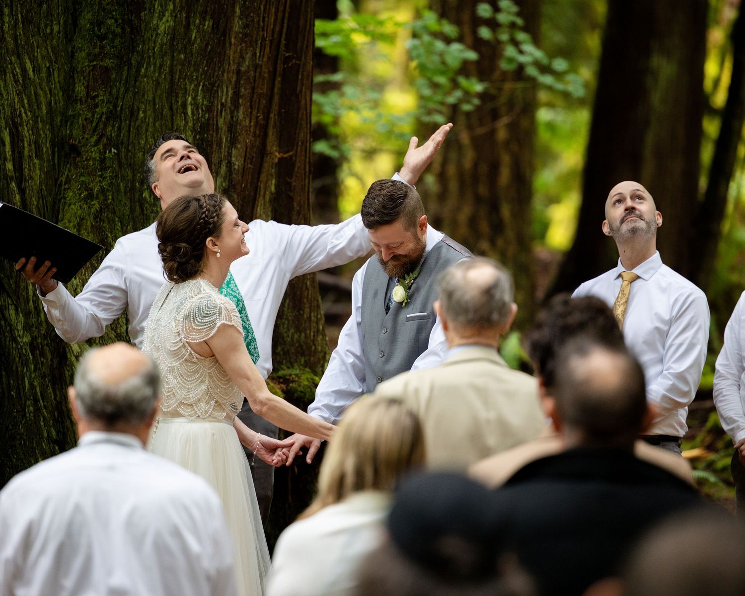 Outdoor wedding ceremony in redwood forest with couple and officiant looking upward in joyful moment.