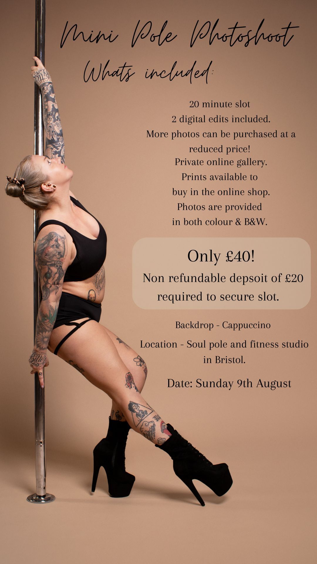 Tattooed woman posing with a pole for a mini pole photoshoot in Bristol, priced at £40 on Sunday 9th August.
