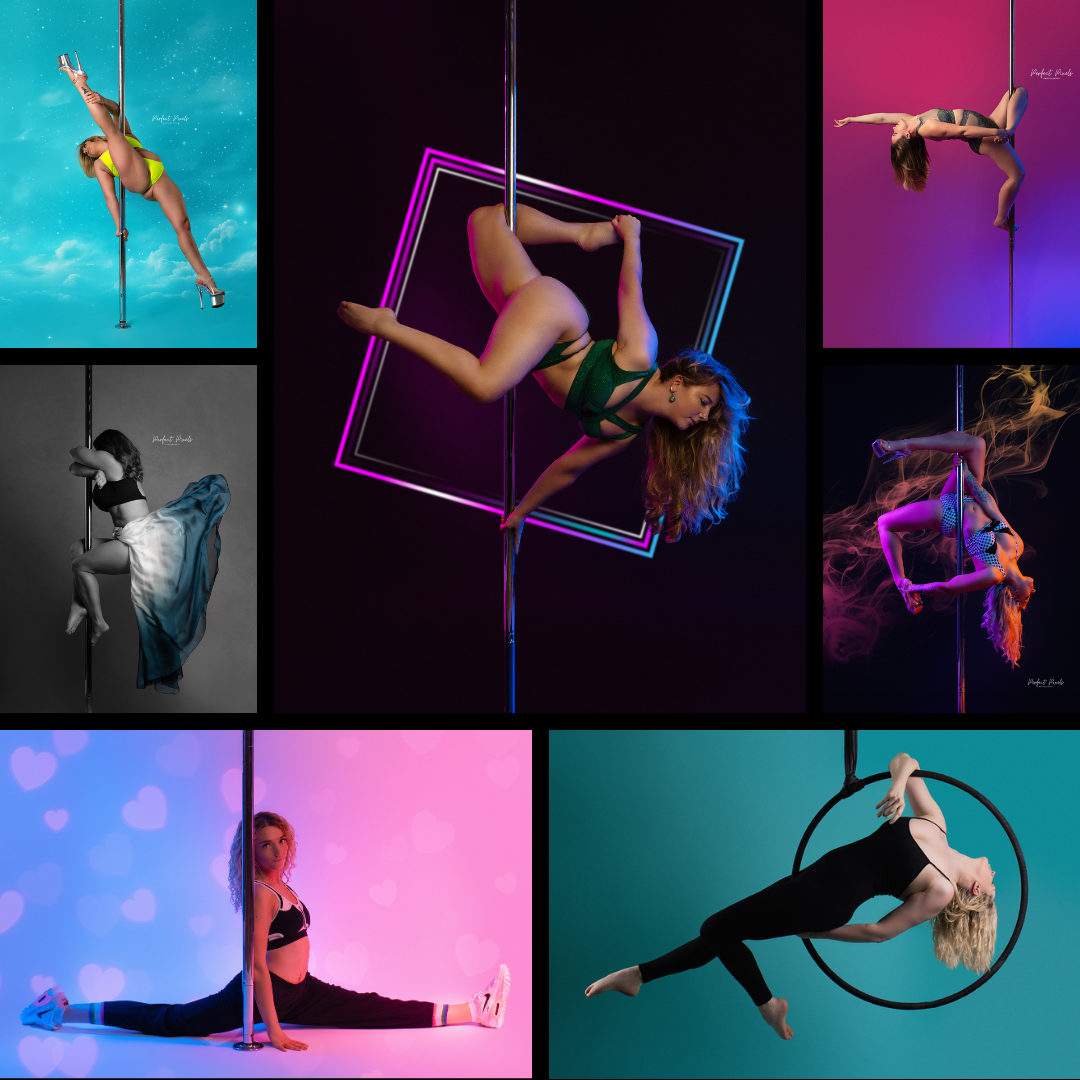 Artistic photo collection showcasing various pole dance moves with vibrant color schemes.