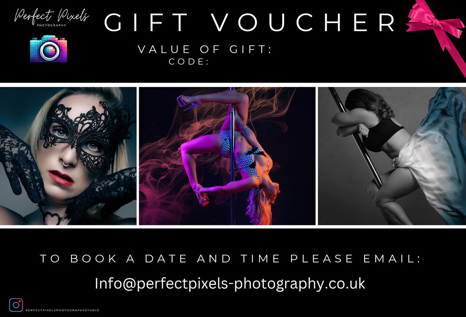 A professional photography gift voucher design with pink ribbon accents on a black background.