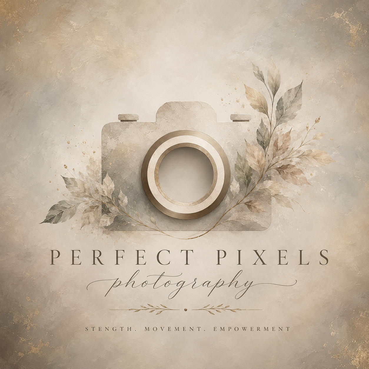 Elegant Perfect Pixels Photography logo with a neutral-toned camera, botanical accents, and script text on a soft beige background.