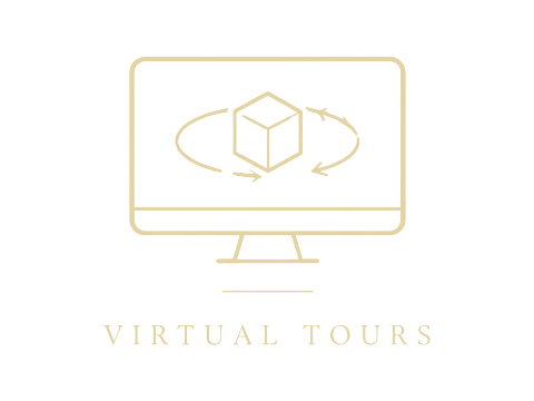 Gold outlined computer monitor icon displaying a 3D cube with rotation arrows, representing virtual tours service.