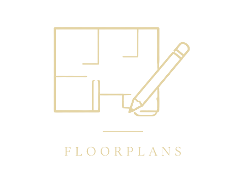 Gold line art icon of a floor plan blueprint with a pencil, above the text FLOORPLANS on white background.