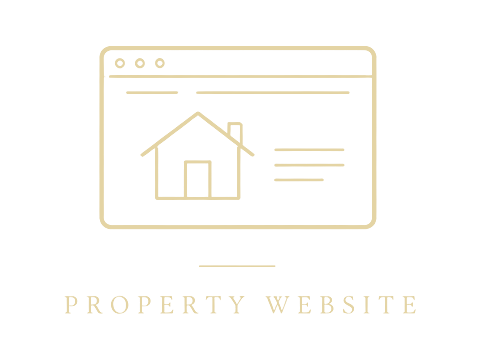 Golden line art icon of a property website browser window featuring a house graphic and text lines on white background.