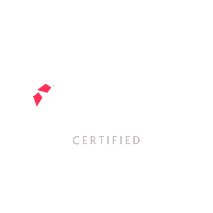 Red and white certified badge logo with geometric rocket shape icon on white background.