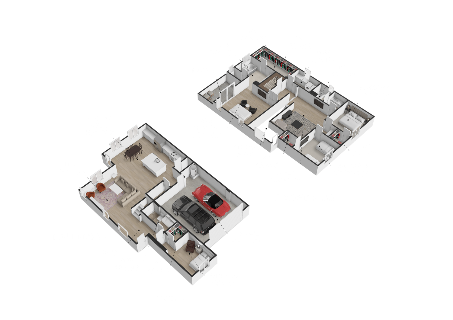 3D floor plan rendering showing two-level residential layout with bedrooms, living areas, garage, and open-concept spaces in neutral tones.