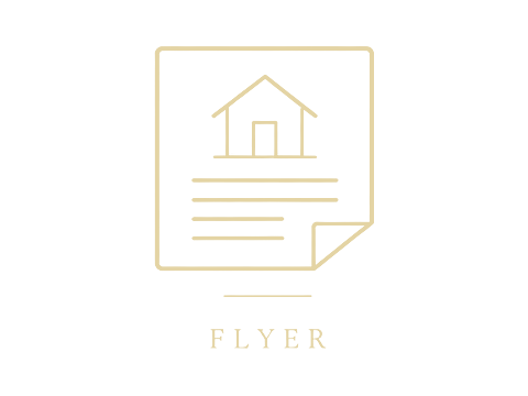 Gold line art icon of a real estate flyer featuring a house illustration and text lines on a folded document.