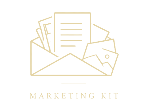 Gold line art marketing kit icon featuring an open envelope with documents and cards on white background.