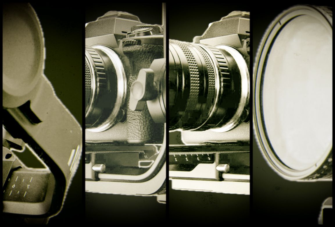 Vintage film camera close-up showing detailed lens and mechanical components in sepia-toned black and white photography.