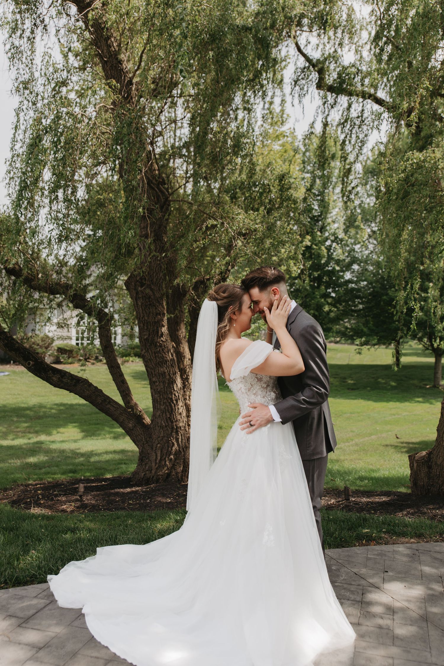Romantic wedding scene with couple embracing under a weeping willow tree on a sunny day.