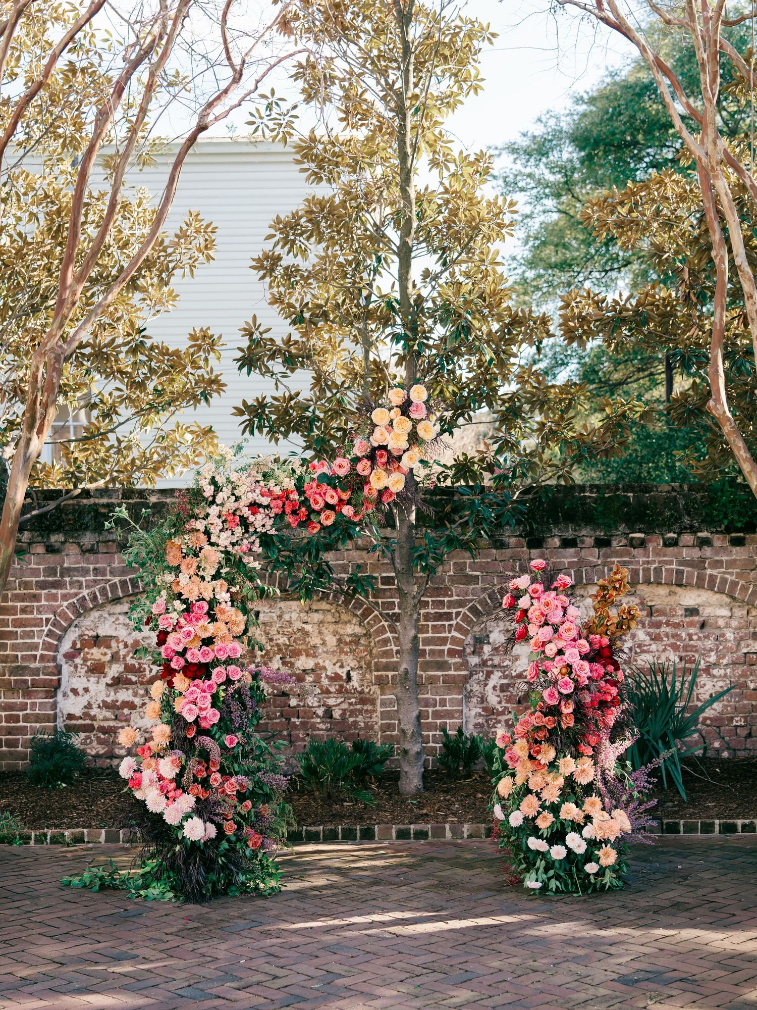 A series of pink roses cascading along a brick garden wall creates a romantic outdoor display in natural sunlight.