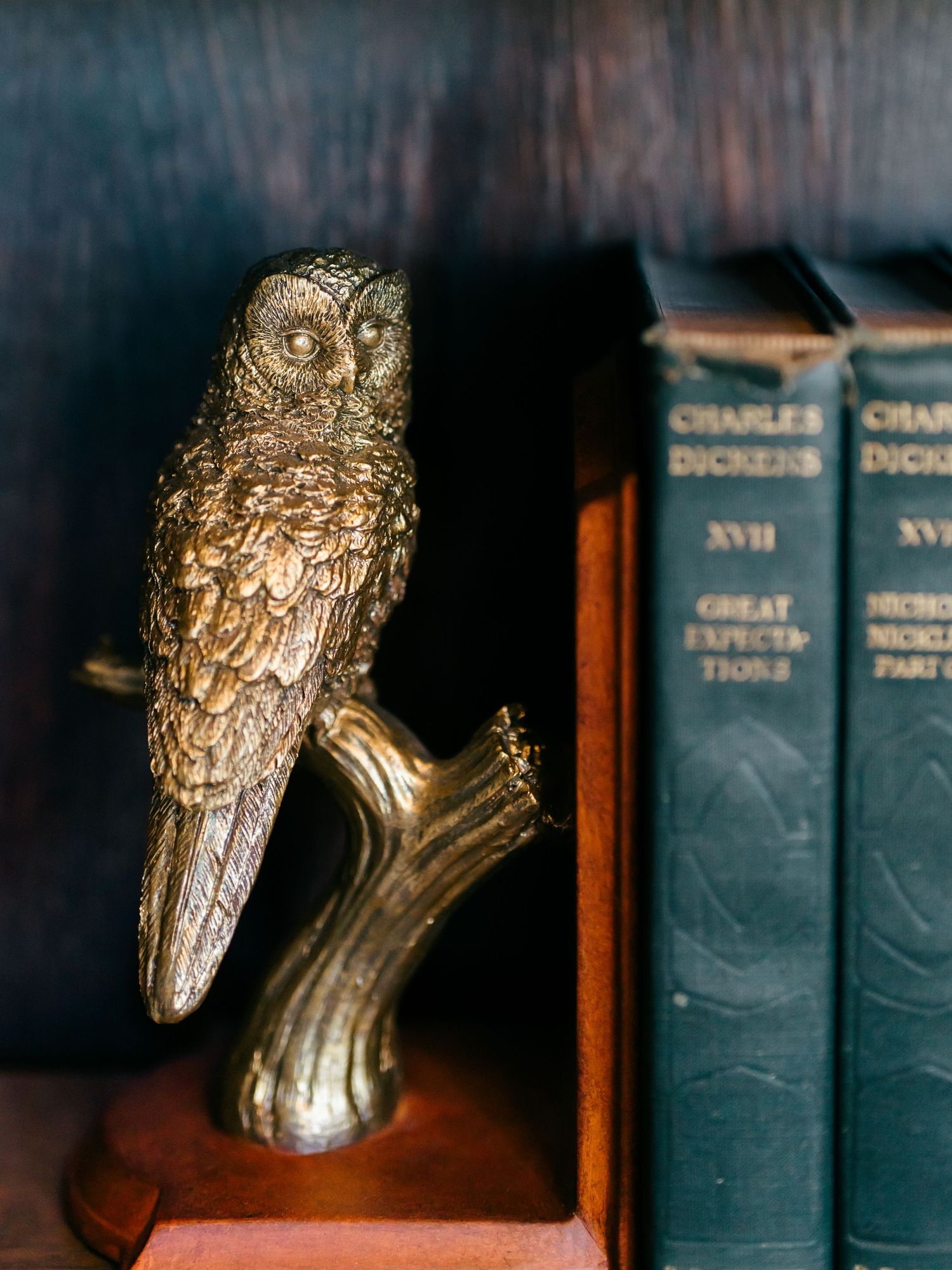 Row of antique Charles Dickens books with ornate gold owl bookends on dark wooden shelf.