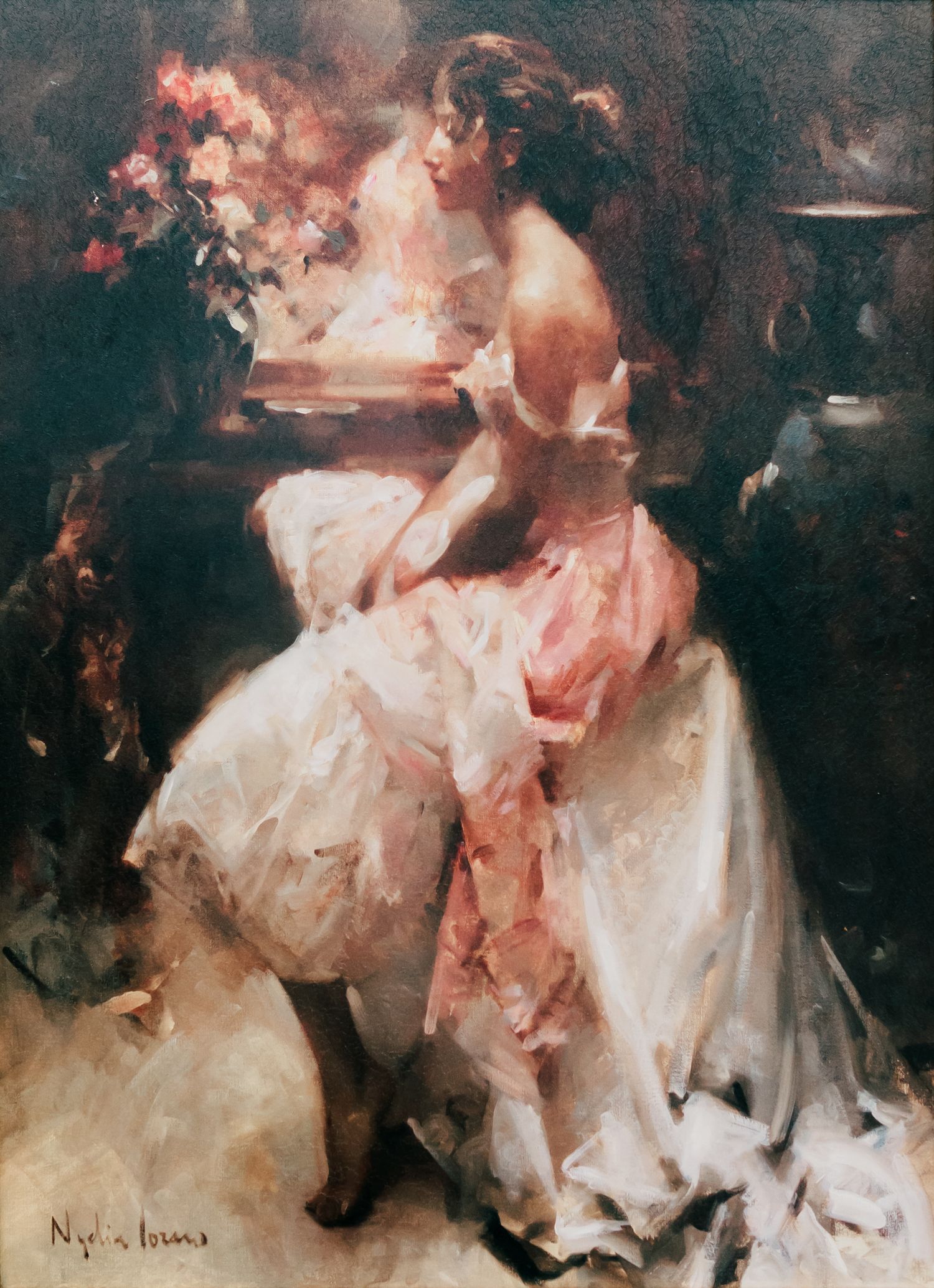 Romantic impressionist painting of an elegant woman in a pink and white gown seated near flowers, signed by Nyla Jones.