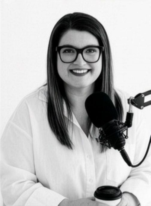 Three black and white headshots of someone wearing glasses and a white shirt while speaking into a podcast microphone.