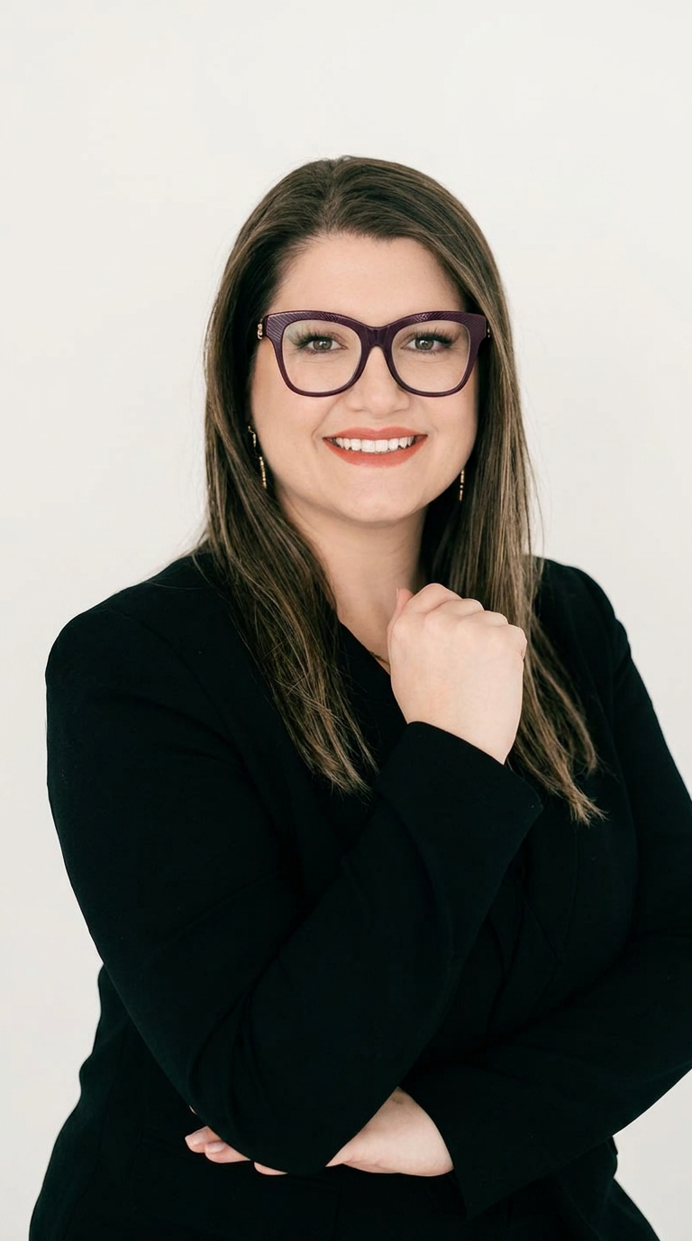 Professional woman in black blazer and purple glasses smiling confidently against white background.
