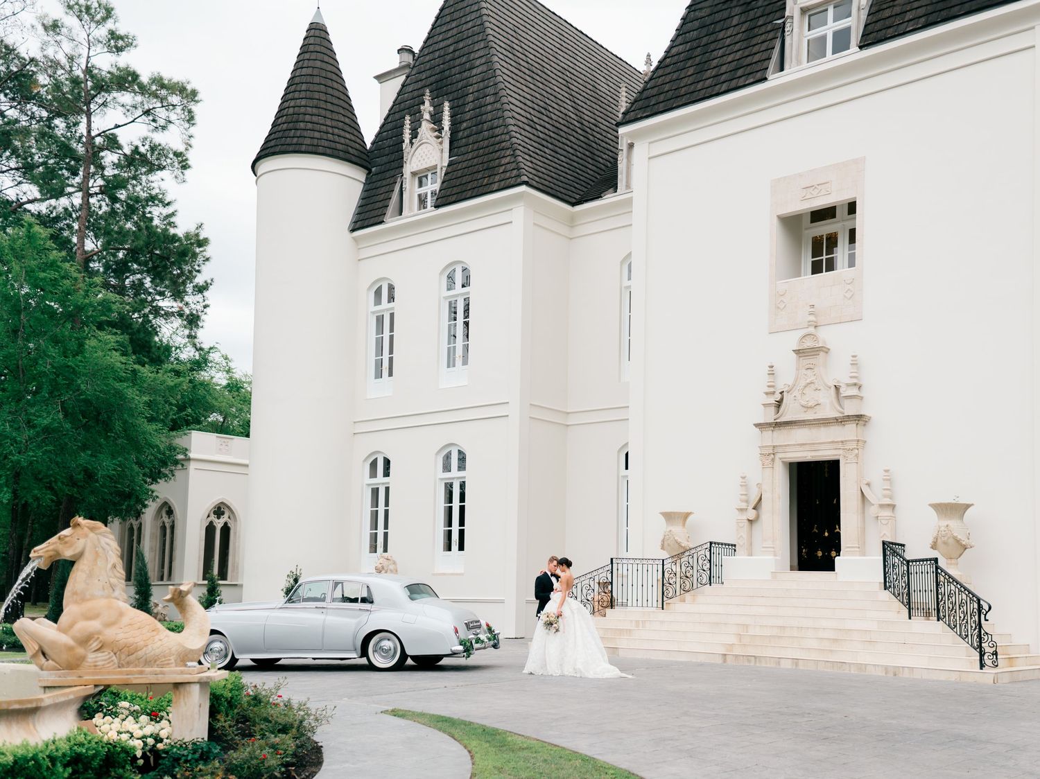 A collage of elegant white chateau wedding venue photos featuring classic architecture and a vintage car.