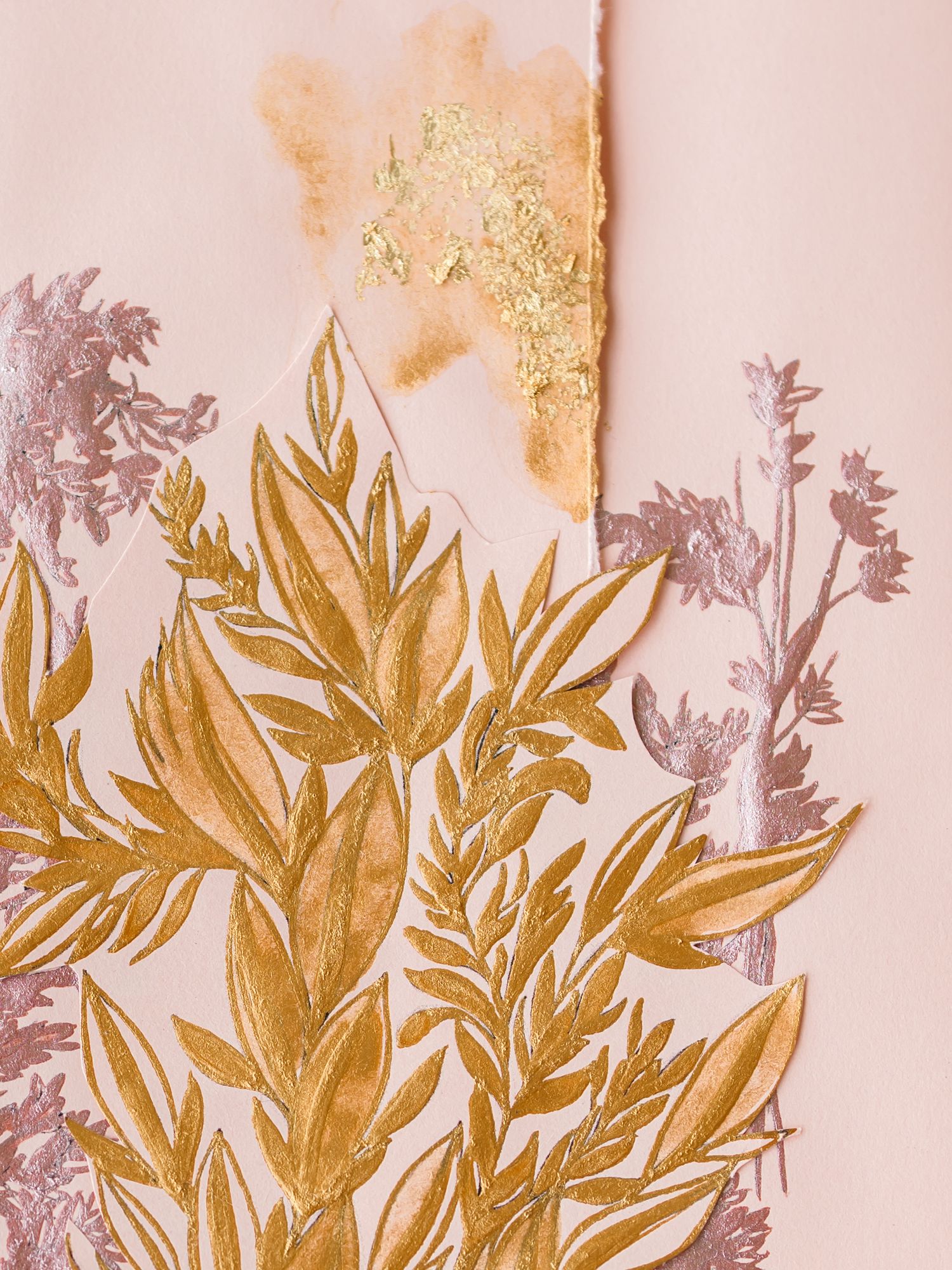 Gold botanical leaf art print on blush pink background with rose gold floral accents and gold leaf texture details.