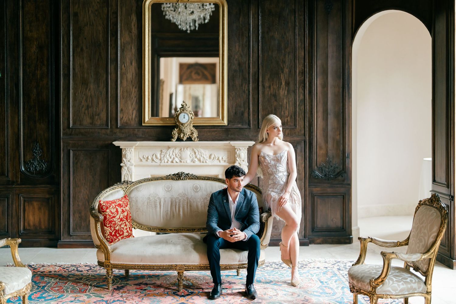 Elegant wedding photo sequence showing couple in vintage-style room with ornate furniture and decor.