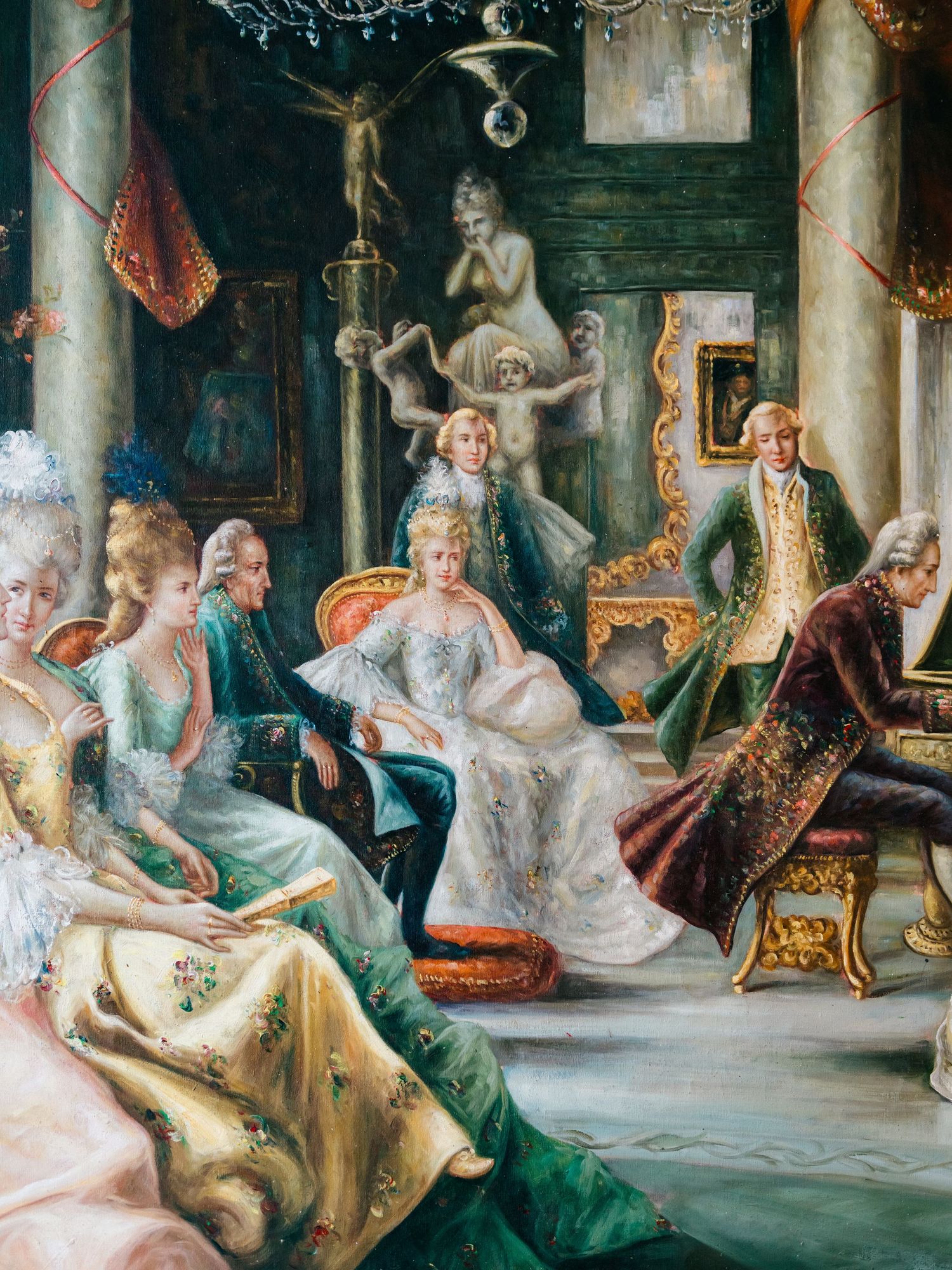 An ornate Rococo-style interior scene shows elegant figures in period dress lounging and socializing in a luxurious palace room.