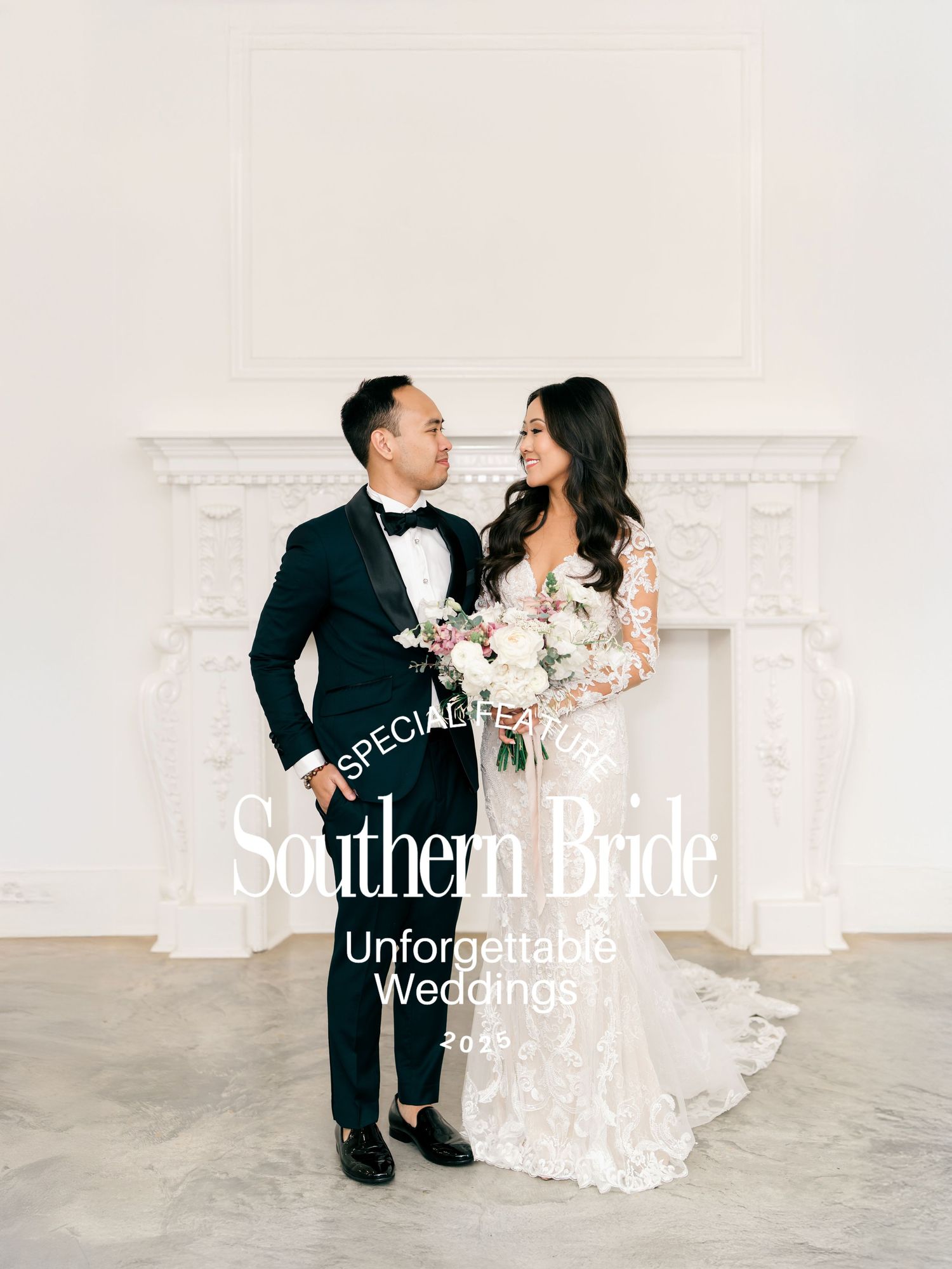 An elegant couple shares an intimate moment in formal attire against a light backdrop with Southern Bride branding.