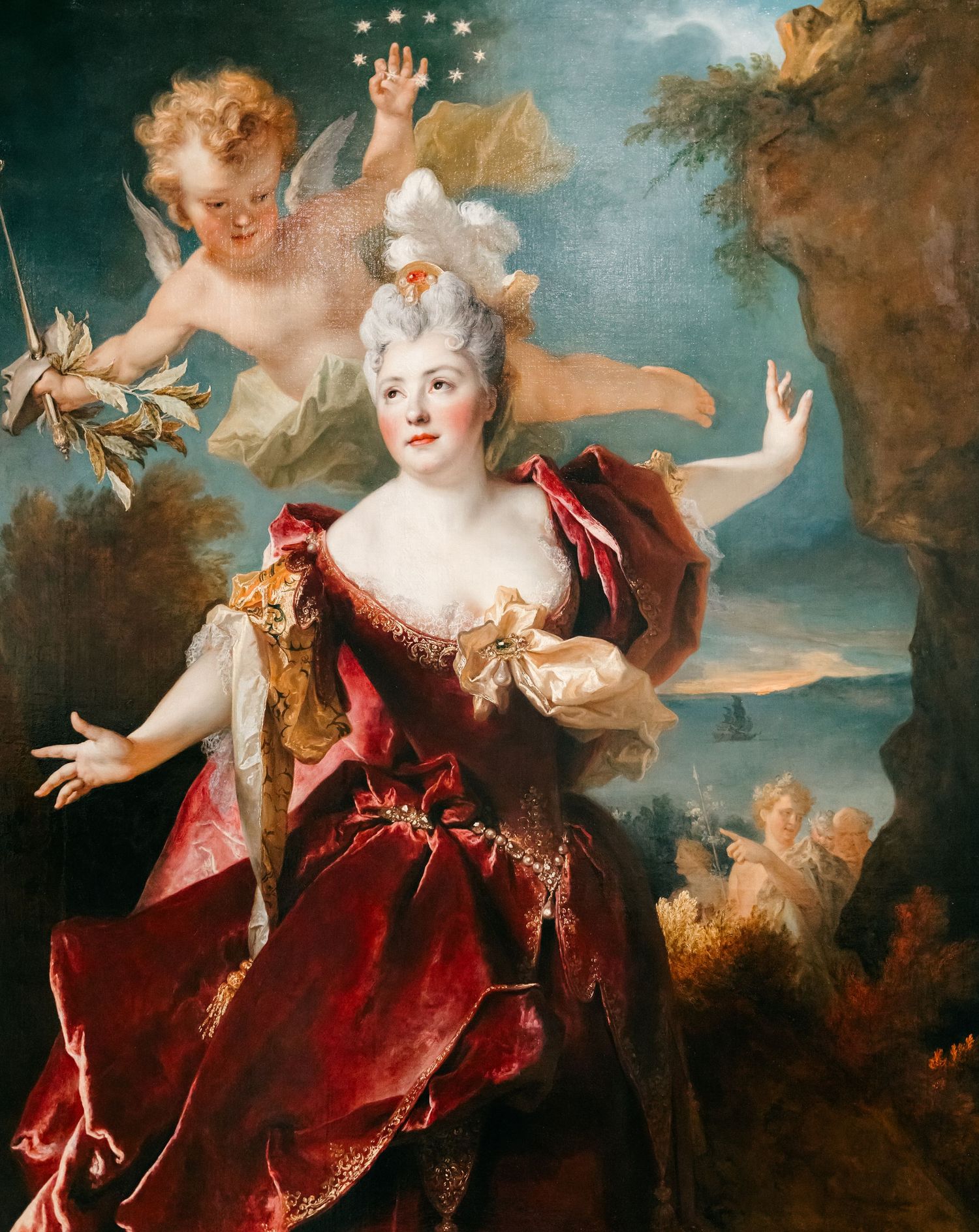 Baroque oil painting depicting figure in ornate red dress with cherubs in the background against blue sky.
