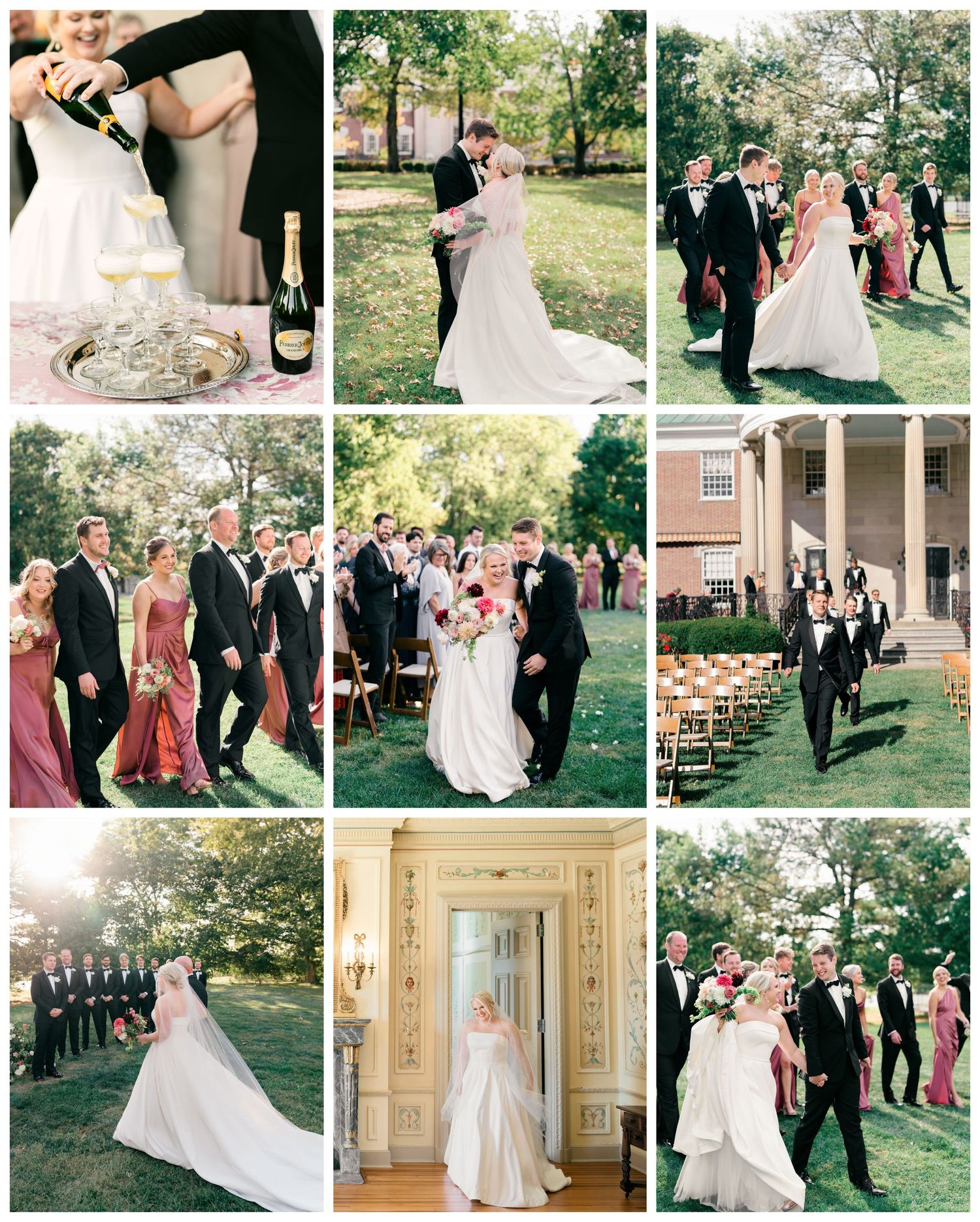 A wedding party celebrates outdoors on a sunny day surrounded by lush greenery and elegant architecture.