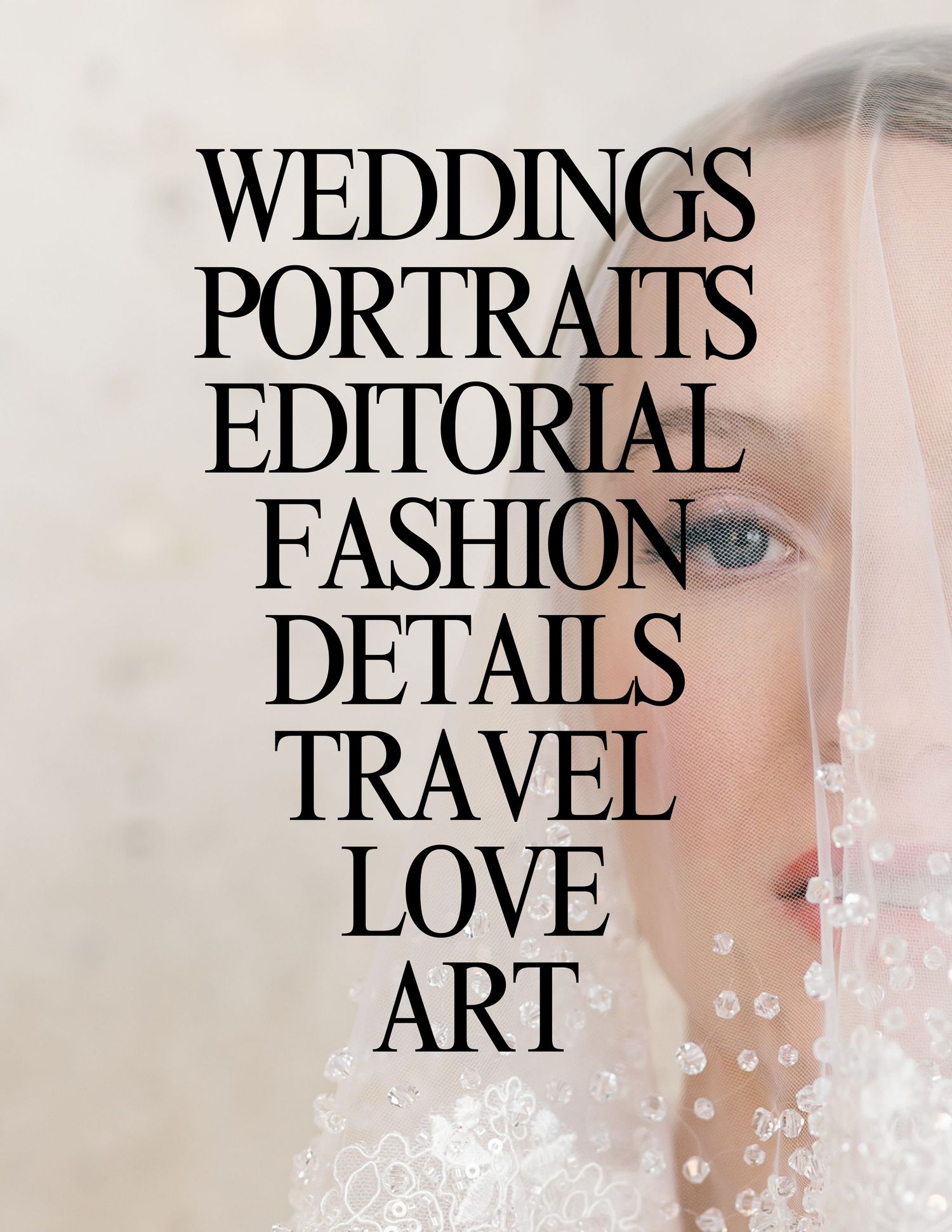 A series of soft, dreamy photography portfolio section headers including weddings, portraits, and fashion in muted tones.