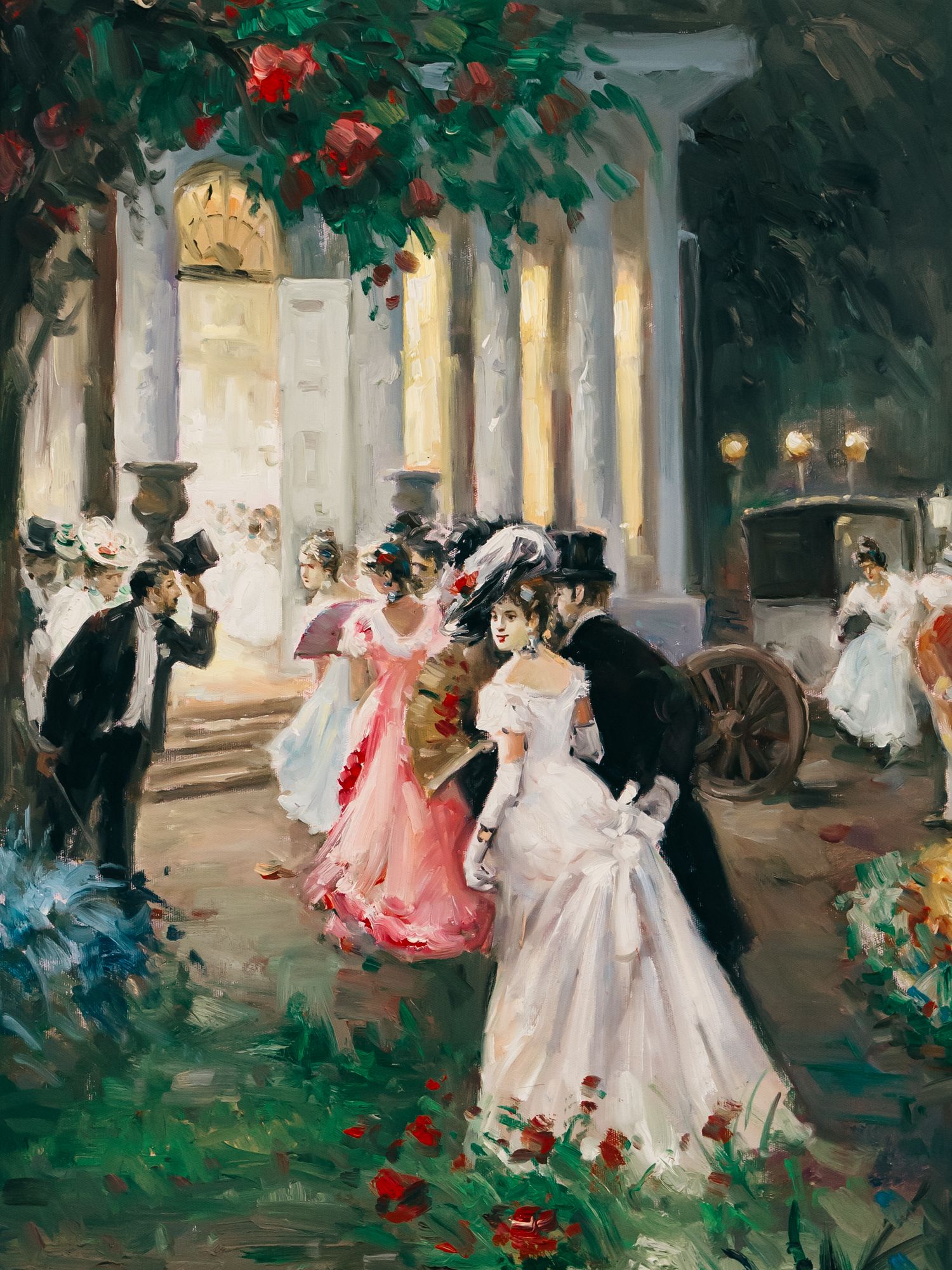 Elegant couples dance gracefully in a garden courtyard with blooming red flowers and lush greenery in this vintage painting.