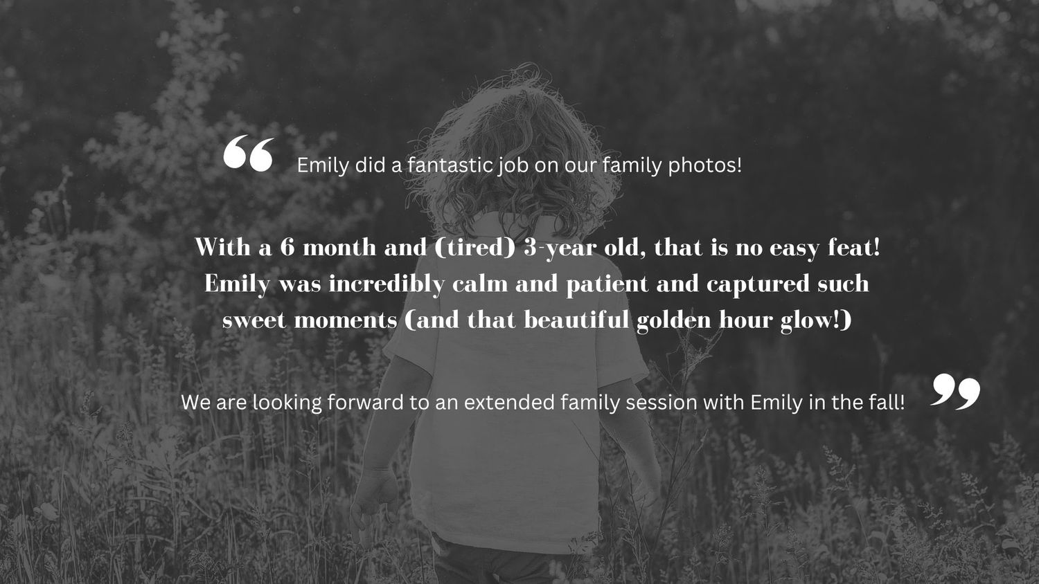 Client testimonial praising Emily Romeyn Photography for exceptional newborn and family photography in Grand Rapids, creating treasured prin