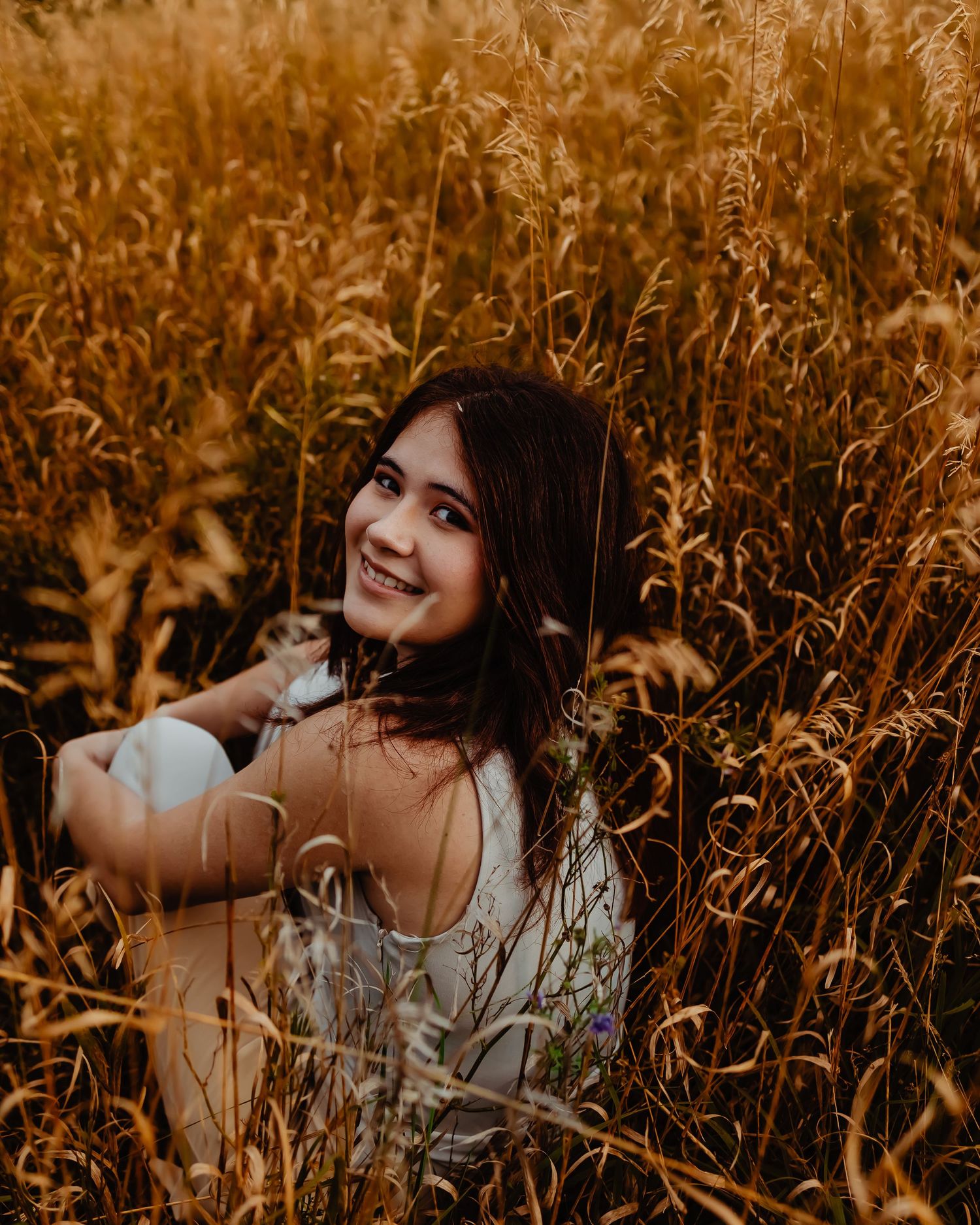 A series of moody golden hour portraits in a wheat field with warm sunset lighting creates a dreamy atmosphere.