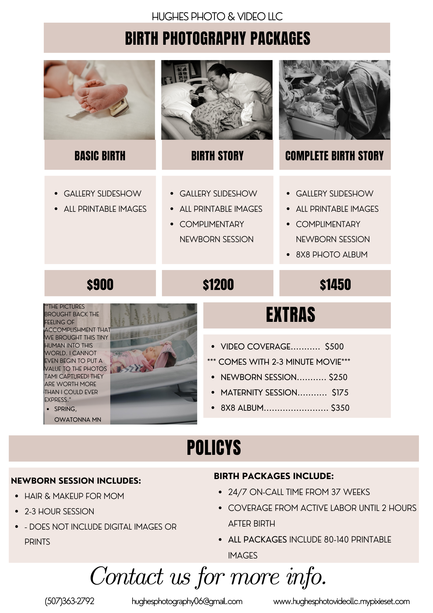 Professional birth photography pricing menu showing packages and services on neutral background.