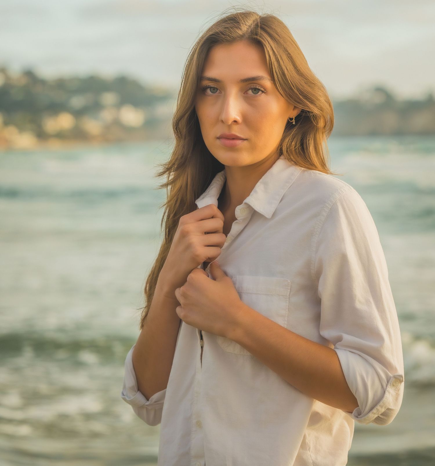 Young woman in white linen shirt poses at beach with ocean waves and coastal town in background.