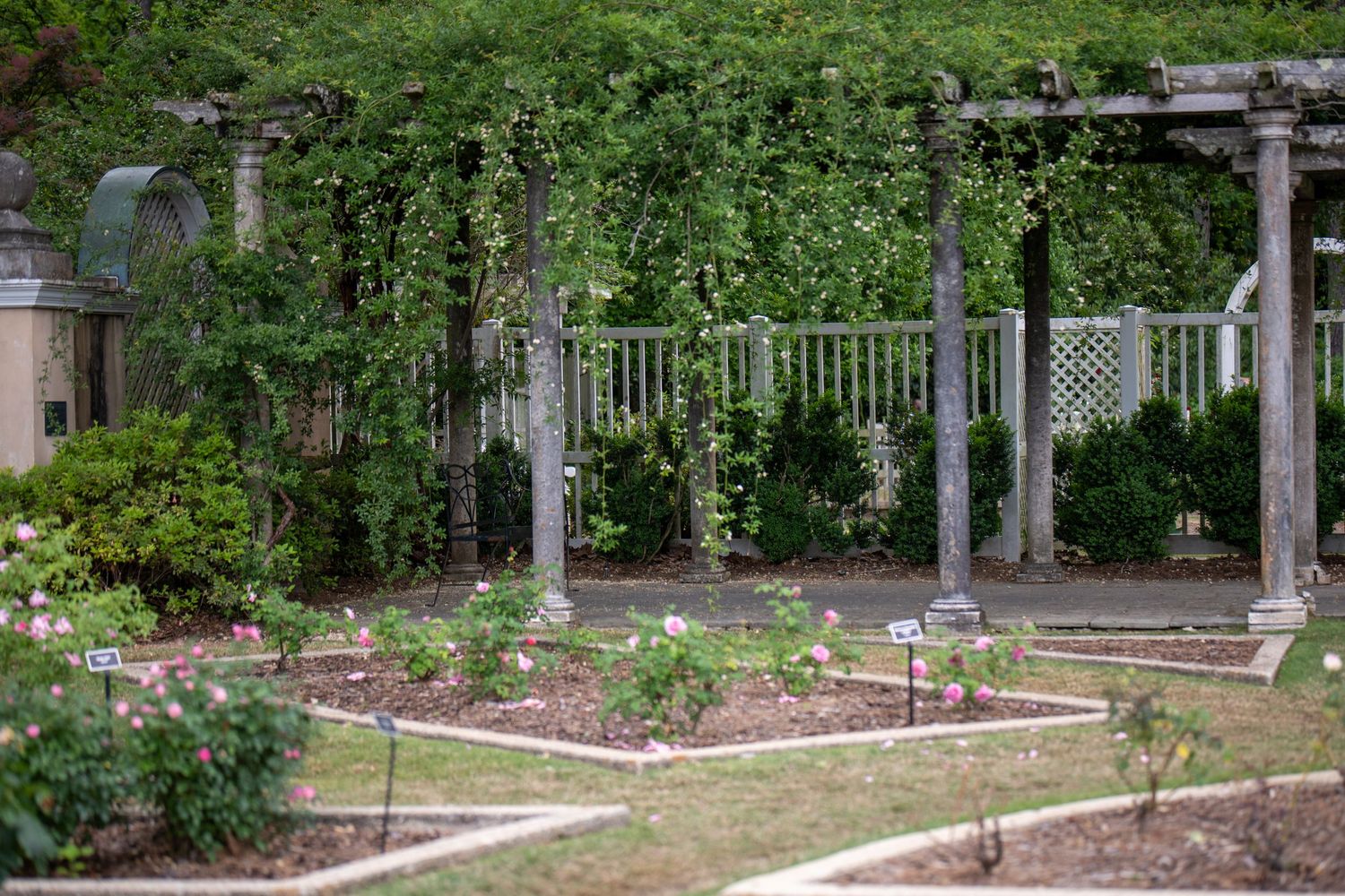 A formal garden with stone columns, white pergola, and rose beds surrounded by lush greenery.