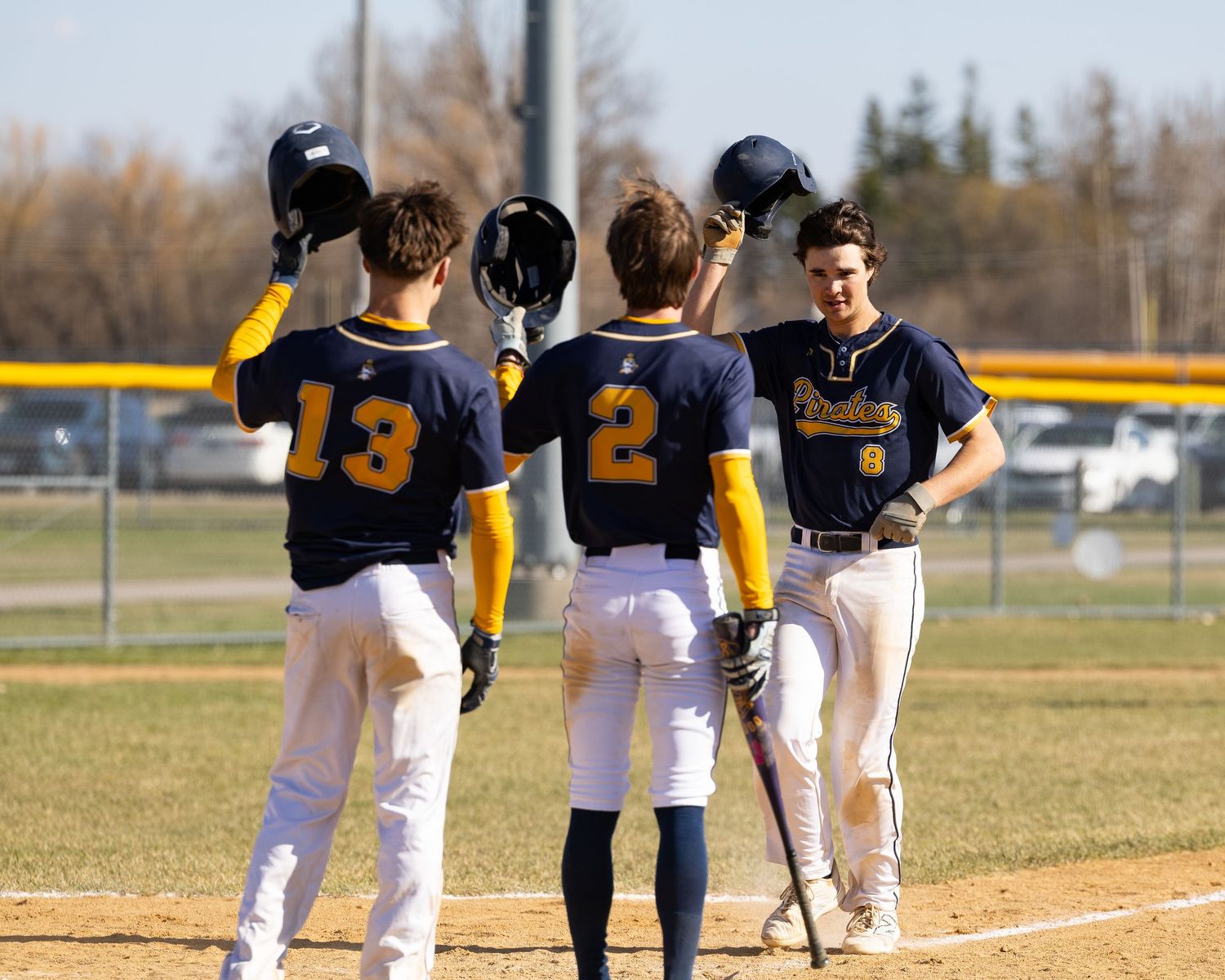 Youth baseball players in navy and gold uniforms celebrating at home plate, raising helmets in victory.