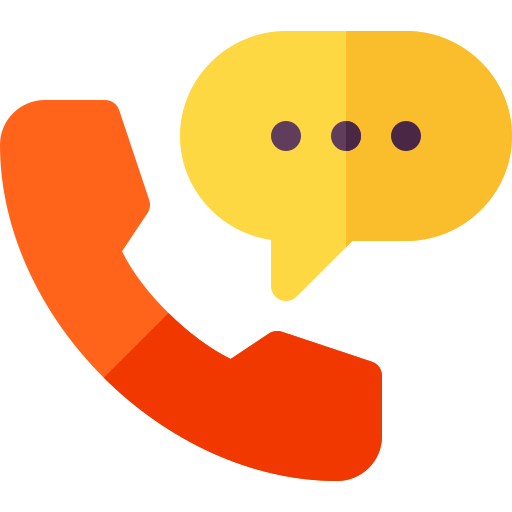 Orange phone handset icon with a yellow speech bubble containing three dots, symbolizing communication and messaging services.