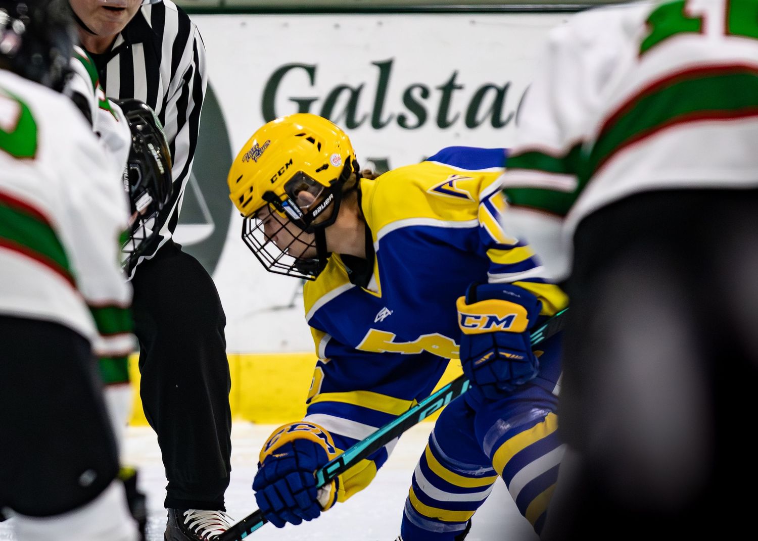 Youth hockey player in blue and yellow jersey focuses at faceoff dot with referee nearby on indoor ice rink.