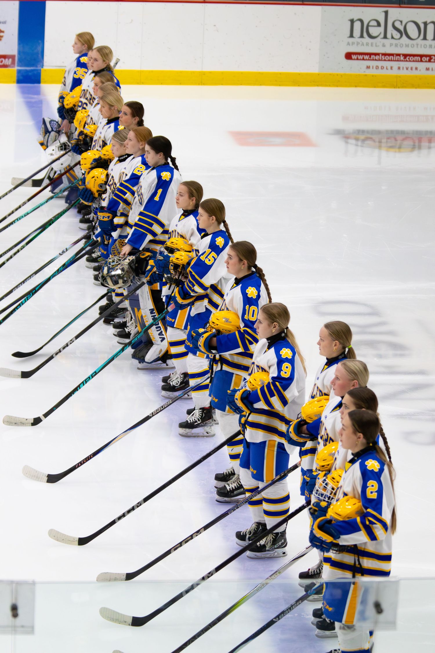 Girls hockey team lines up on ice in blue and yellow uniforms.