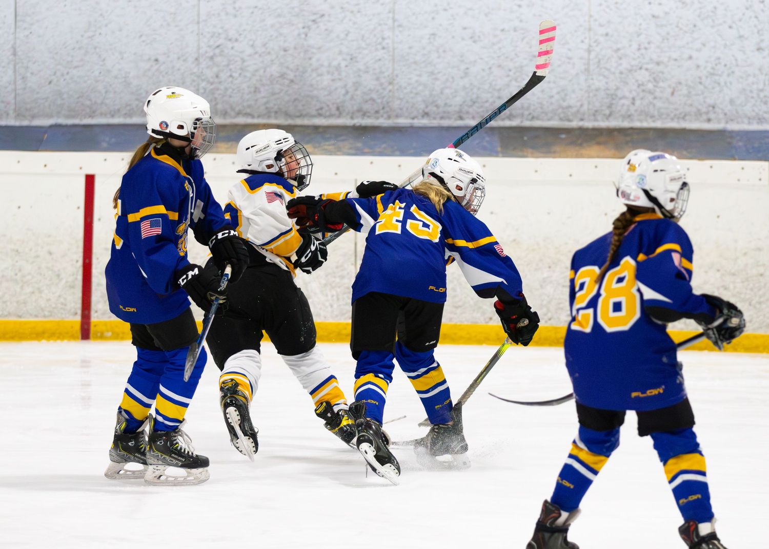Youth hockey players in blue and gold uniforms celebrate goal during competitive ice hockey game.