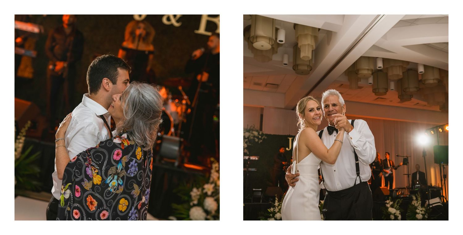 Collage of wedding reception moments featuring a mother-son dance and a father-daughter dance on the dance floor.