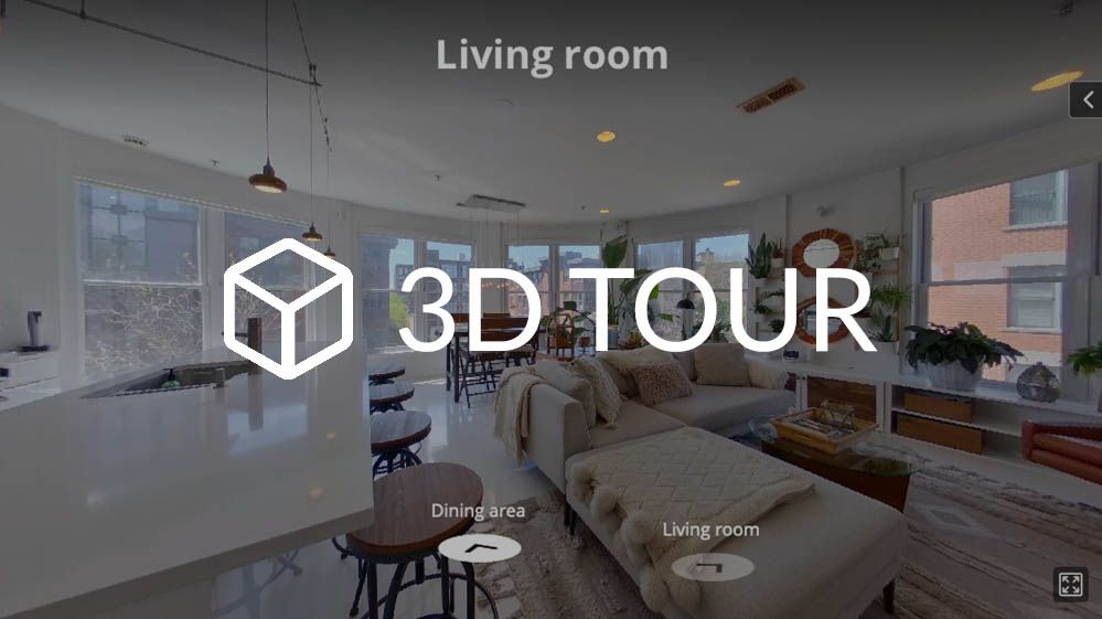 3D virtual tour interface showing modern living room interior with large windows.