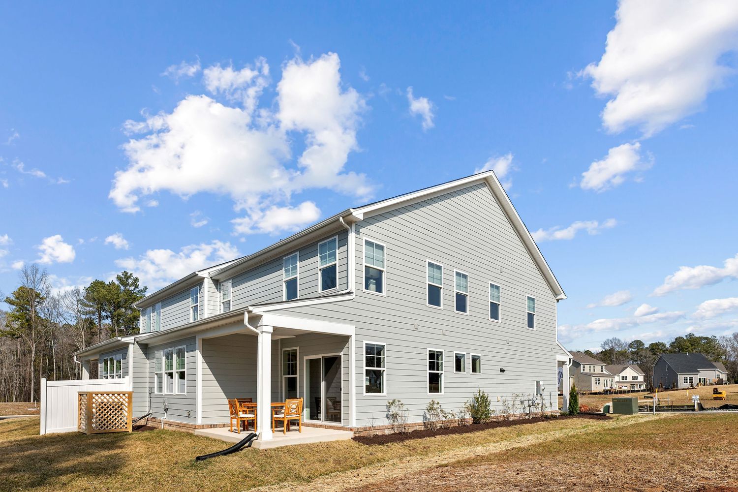 Modern two-story white farmhouse with covered porch and large windows set against bright blue sky.