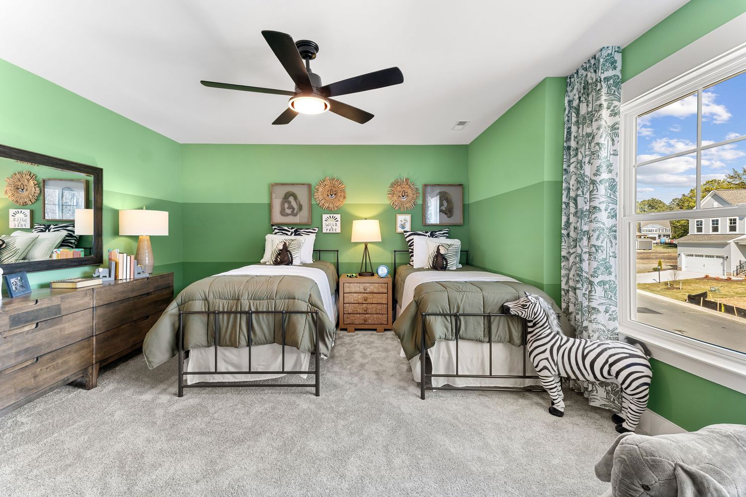 A collage of modern home interior photos showing bedrooms, living spaces and decor with green walls and neutral furnishings.