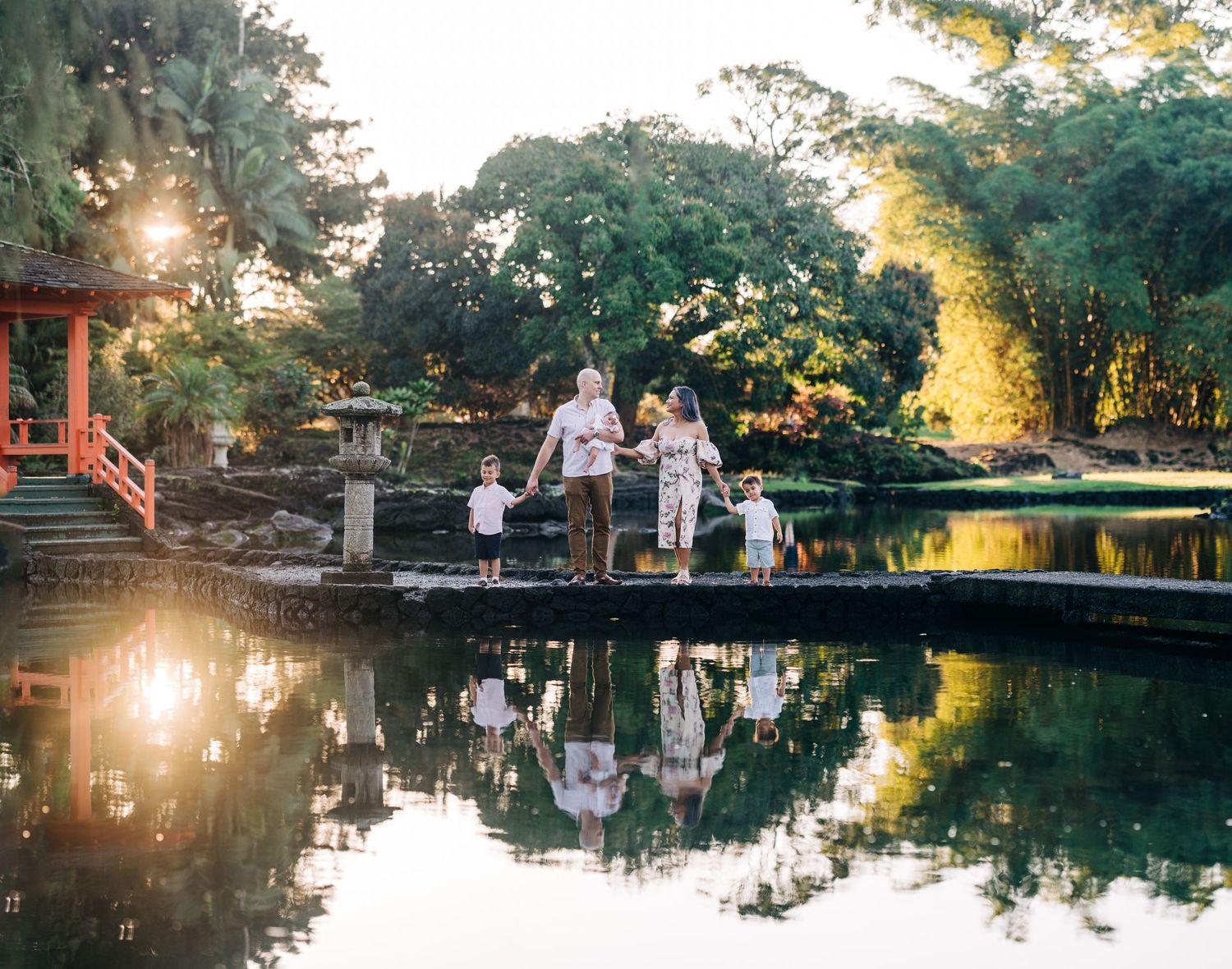 Peaceful pond reflection with trees at sunrise creates serene tropical landscape in Hilo, Big Island Hawaii.