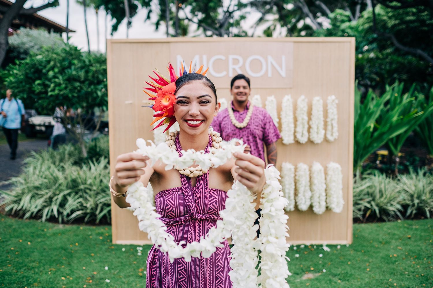 Traditional Hawaiian lei display at an outdoor celebration at a Four Seasons Hualalai Event.