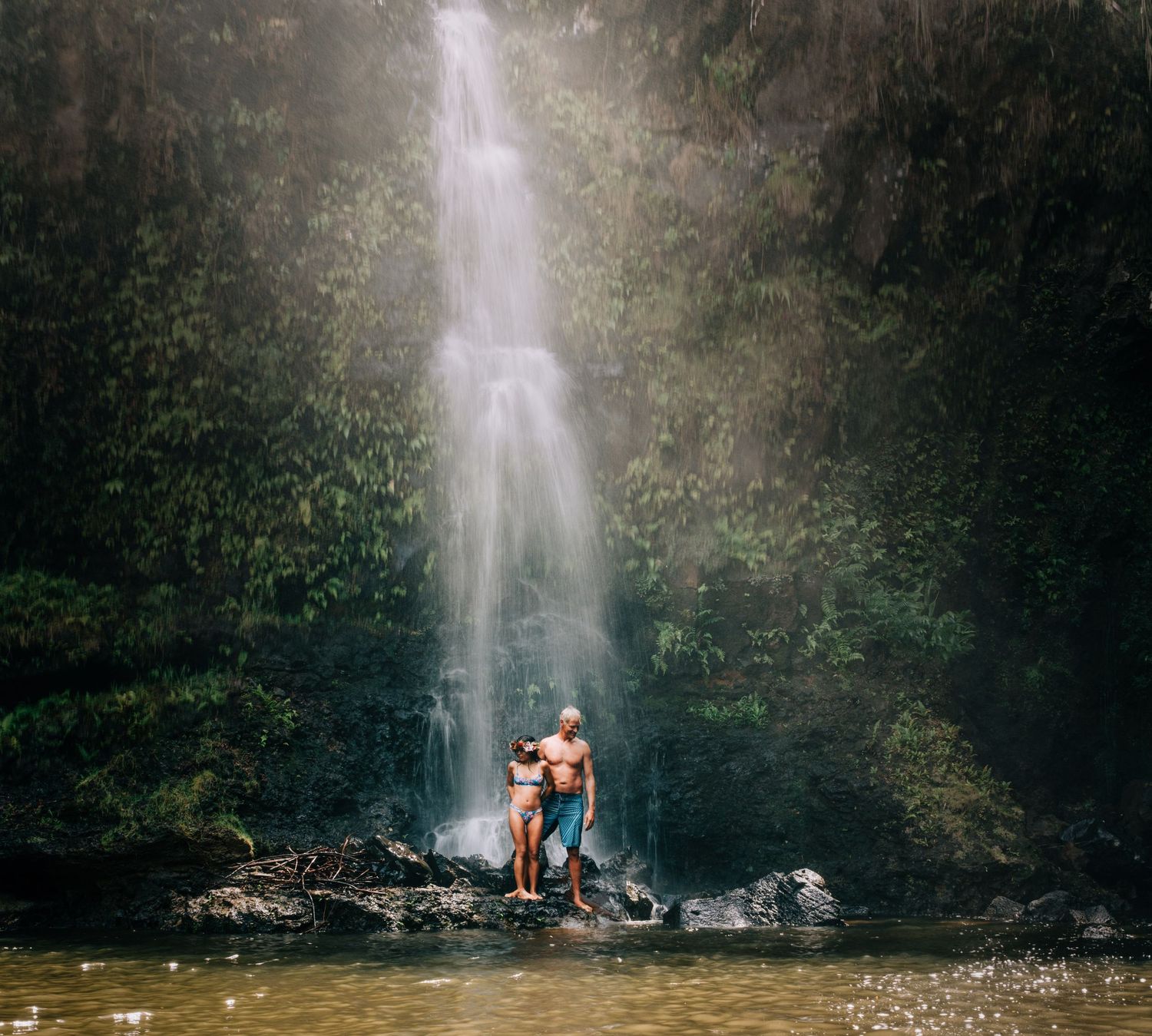 Majestic waterfall cascading into natural pool surrounded by lush Hawaiian forest. Hilo, Hawaii.