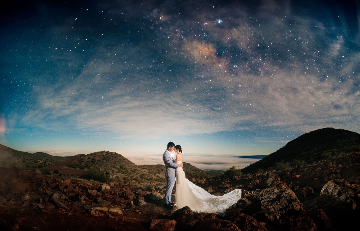 Stunning starry night sky panorama on Mauna Kea, Big Island of Hawaii.